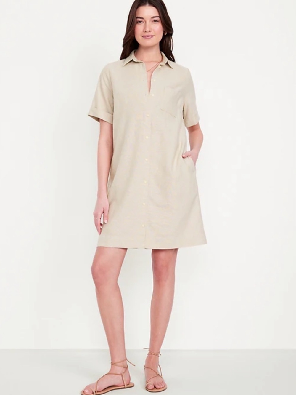 Old Navy Beige Linen Blend Mini Shirt Dress
